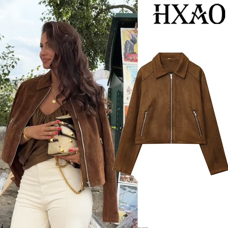 Women'S Fashion Bomber Jacket - HXAO manteau court veste en daim