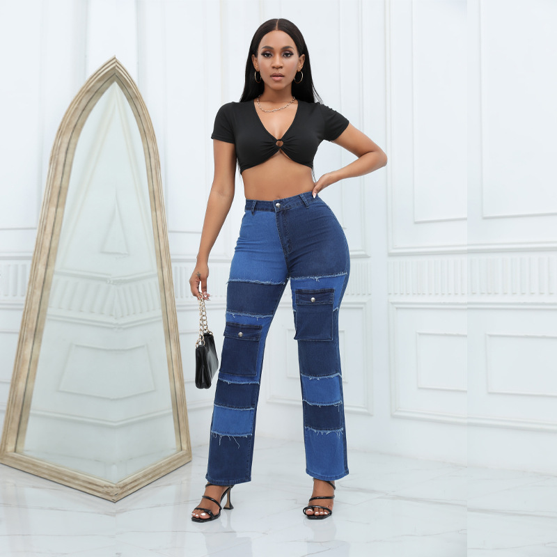 Women'S Fashion Utility Pants - Jean multi-poches à blocs de couleurs