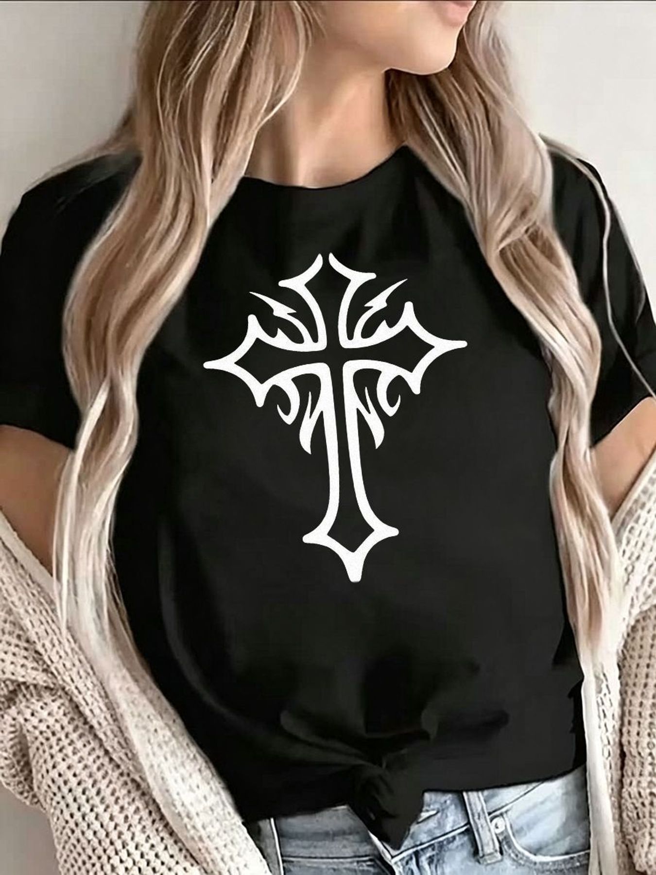Women'S Y2K Fashion Aesthetic - T-shirt graphique croix gothique pour femme,