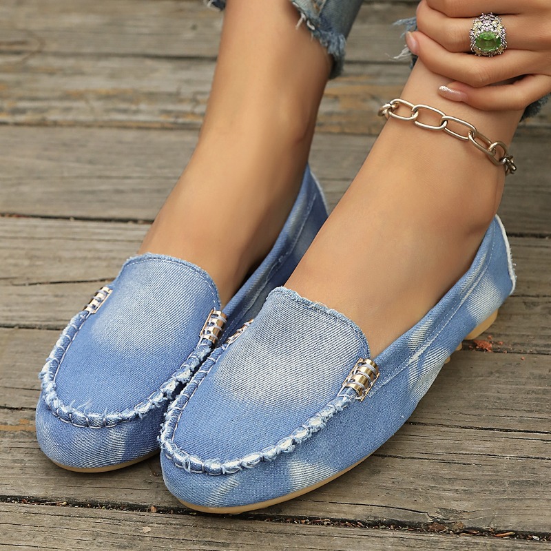 Women Fashion Heels - Mocassins en denim bleu clair tendance,