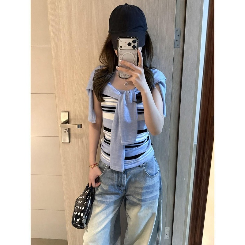 Women'S Y2K Fashion Aesthetic - Ensembles deux pièces tricotés bleus pour