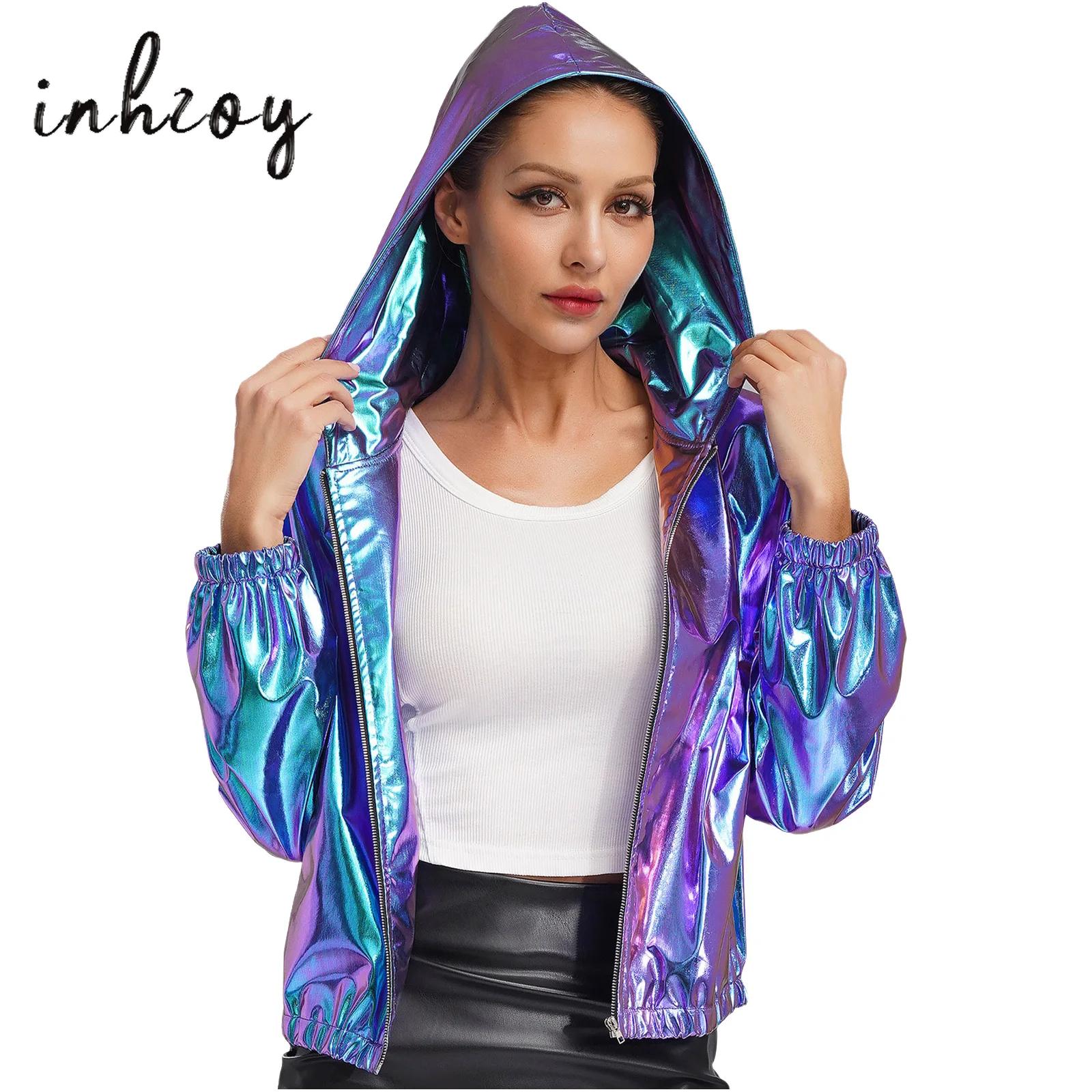 Women'S Fashion Bomber Jacket - Veste bombardier holographique pour femmes, manches