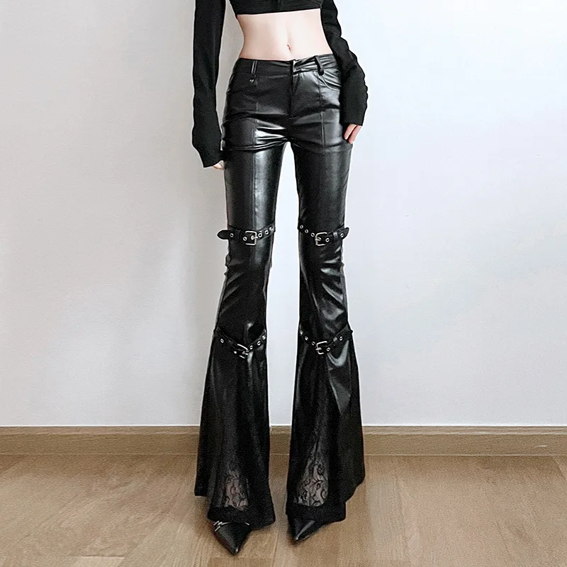 Women'S Y2K Fashion Aesthetic - Pantalon évasé en cuir PU pour