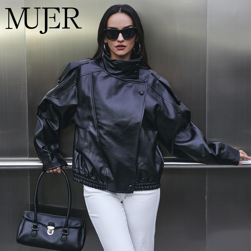 Women'S Fashion Bomber Jacket - MUJER Faux cuir femme veste noir