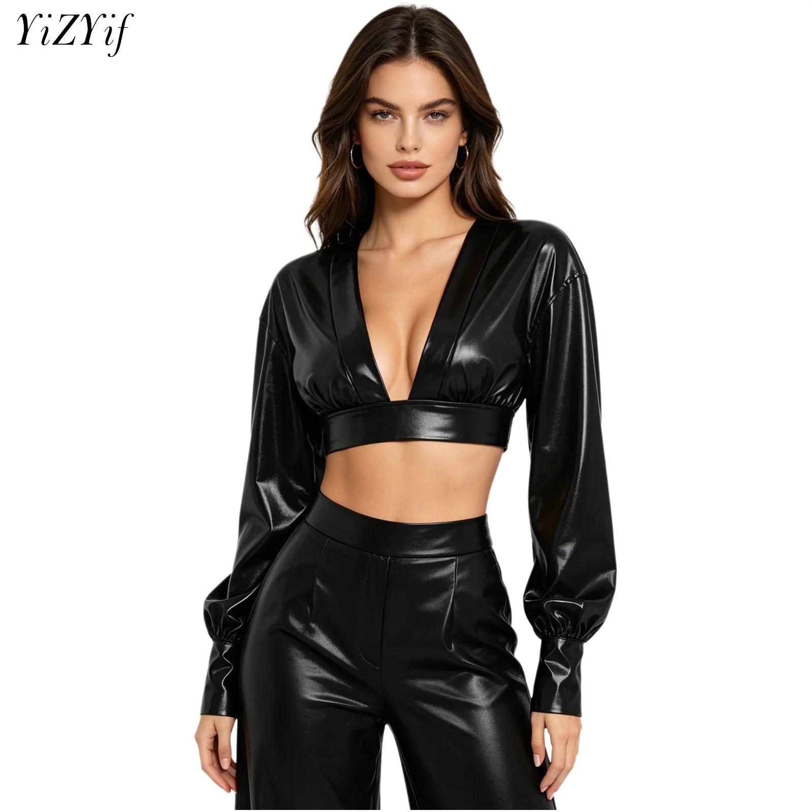 Crop Top Women - Haut court Y2K métallisé brillant pour