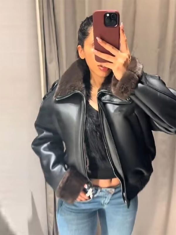 Veste bombardier en cuir polyv - Women'S Fashion Bomber Jacket avis et prix